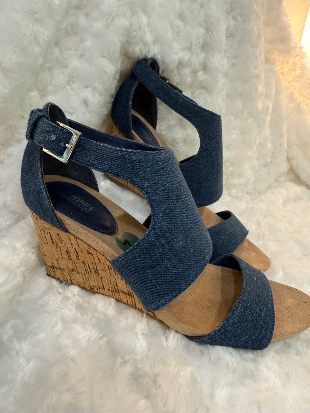 NEW Jones New York Dark Blue Denim Cork Wedge Sandals with Ankle Buckle size 7